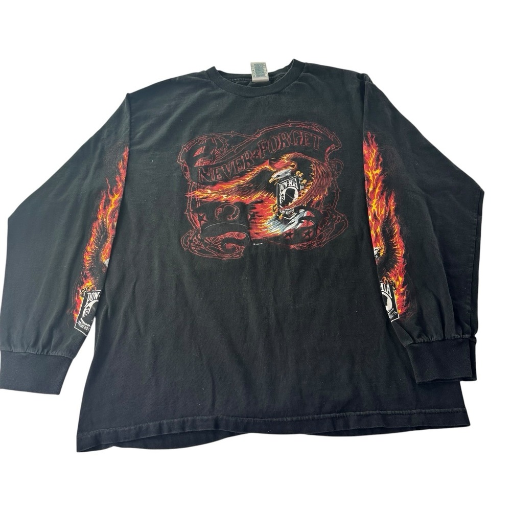 Y2K POW MIA Never Forget Long Sleeve Shirt Alstyle Black Eagle Flames Size L
